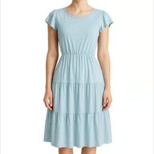 CzzzyL Blue Short Sleeve Midi Dress Casual Fit & Flare A-Line Peasant Boho SM